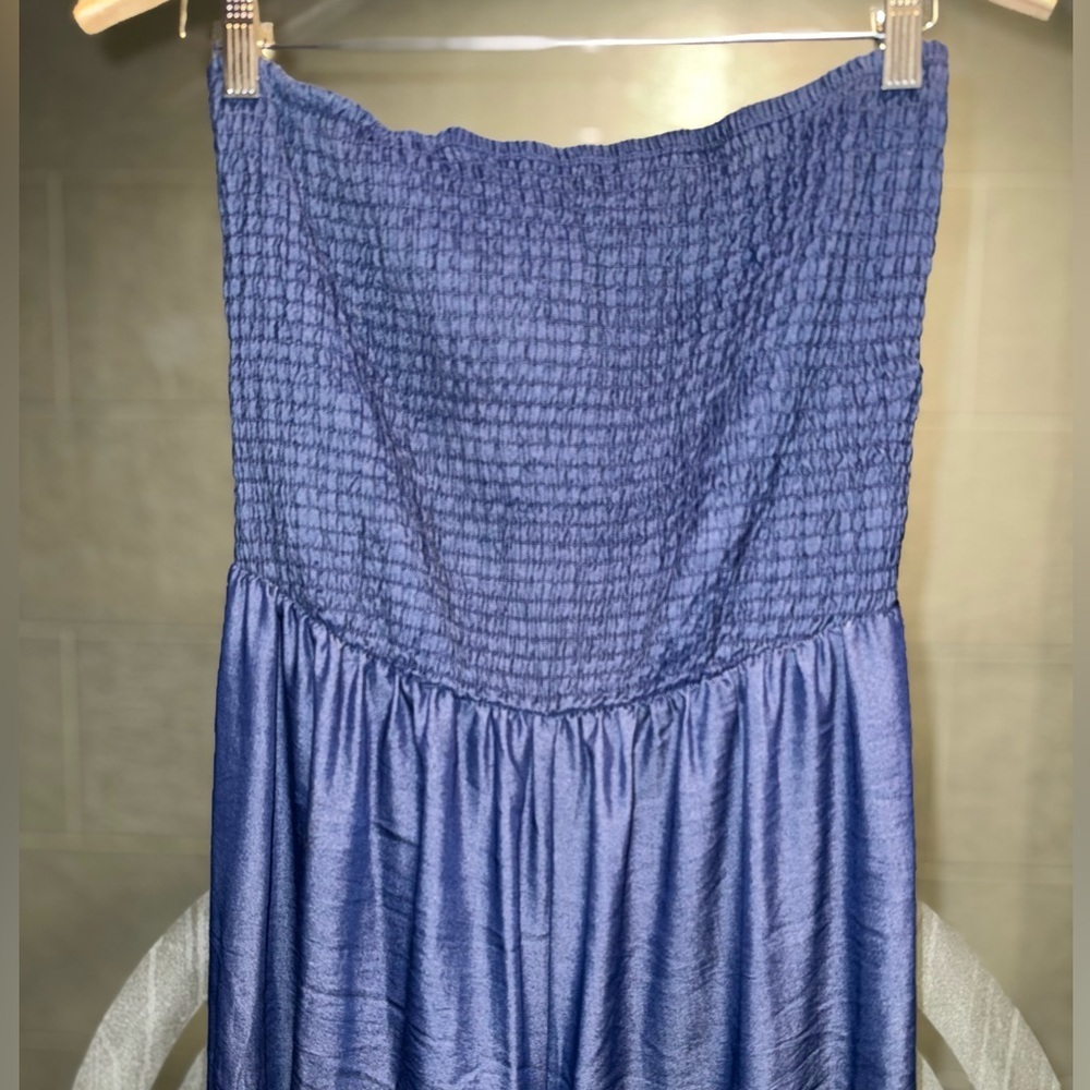Mile Gabrielle Smocked strapless, wide-leg Dark Denim Color Fabric jumpsuit L - Picture 5 of 11